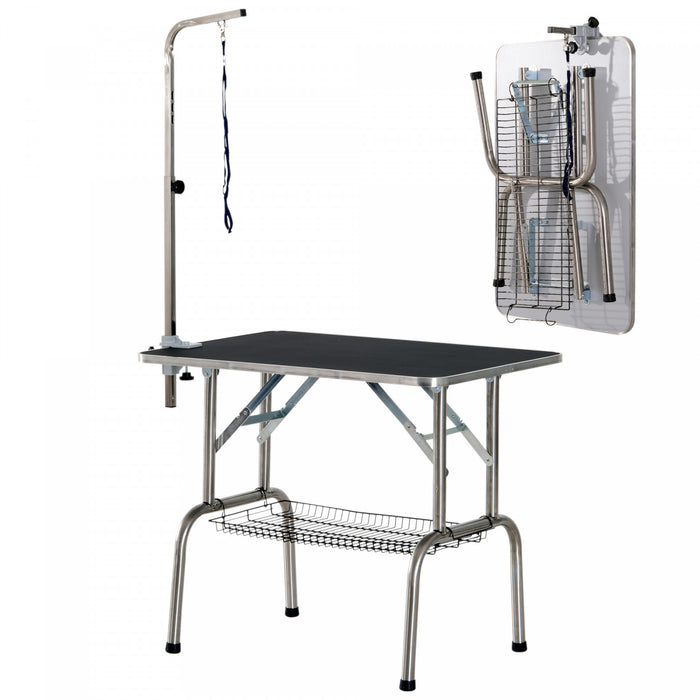 Pawhut Dog Grooming Table With Adjustable Grooming Arm, Pet Grooming Table For Dogs With Storage Shelf, Foldable Design Stainless Steel For All Sizes Dogs Cats, Black