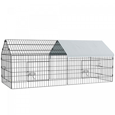 PawHut 73"L Small Animals Pet Playpen Catio Cage with Doors for Rabbits, Guinea Pig, Chicken, Chinchillas, Cat, Quail, Duck, Outdoor Indoor Use with Spire Roof, Silver