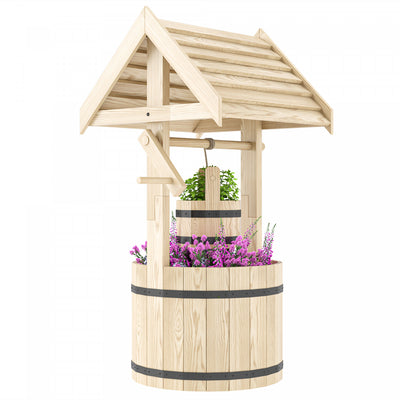 Outsunny Wishing Well Outdoor Wooden Planter with Hanging Bucket, Natural
