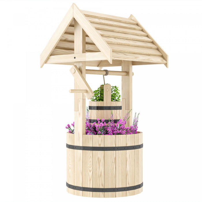 Outsunny Wishing Well Outdoor Wooden Planter with Hanging Bucket, Natural