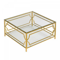 Gleam 33.5 Inch Square Tempered Glass Coffee Table with Geometric Gold Frame and Lower Shelf, Transparent