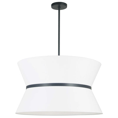 Dainolite Caterine 4 Light Pendant 24" Dia Matte Black Finish Black Ring/White Shade Lamp|Luminaire suspendu Caterine de Dainolite de 24 po de diamètre, avec abat-jour blanc, anneau noir, fini noir mat et 4 ampoules