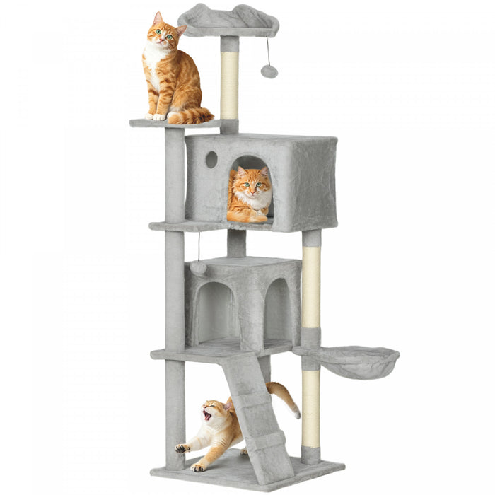 PawHut Cat Tree, 63 Inch Multi-Level Large Cat Tower with Sisal Scratching Posts, Condos, Plush Perches, Hammock, Ladder, Dangling Balls, for Indoor Kittens, Light Grey