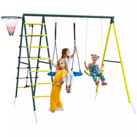 Outsunny 5 In 1 Swing Set For Kids With Saucer Swing, Seat, Climbing Ladder/net, Basketball Hoop, Me