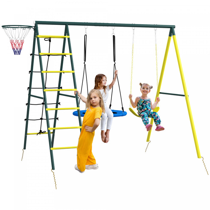 Outsunny 5 In 1 Swing Set For Kids With Saucer Swing, Seat, Climbing Ladder/net, Basketball Hoop, Metal Frame Swing Set For Backyard Outdoor, 3-8 Years Old, 105\" X 71\" X 80\"