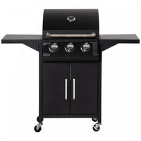 Outsunny 3 Burner Gas Grill, Portable Outdoor Propane Grill with Wheels, Carbon Steel Barbecue Trolley, Side Shelves, Warming Rack, Storage Cabinet, Thermometer, Black