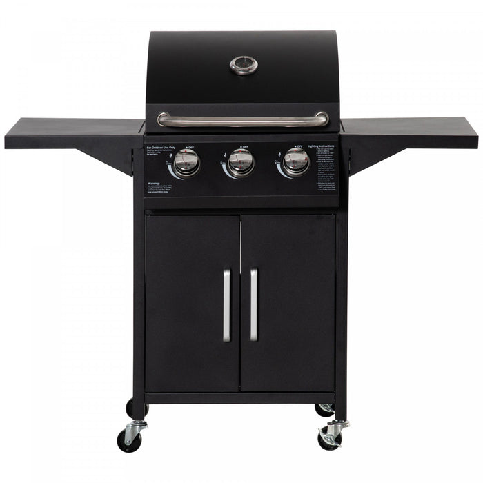 Outsunny 3 Burner Gas Grill, Portable Outdoor Propane Grill with Wheels, Carbon Steel Barbecue Trolley, Side Shelves, Warming Rack, Storage Cabinet, Thermometer, Black