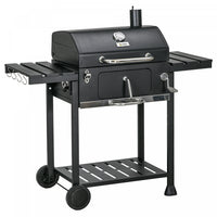Outsunny Charcoal BBQ Grill Trolley with Adjustable Charcoal Pan, Barbecue Grill Smoker with Storage Shelves, Lid, Thermometer, Bottle Opener and Wheels, Galvanised Steel