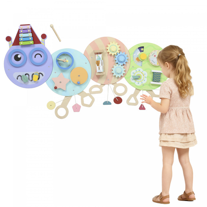 Qaba Caterpillar Activity Montessori Busy Board, 7 Activities, Sensory Wall Panel for Toddlers, Learning Activity Center for Playroom Nursery Classroom, Gift for Boys & Girls 3+