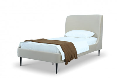 Heather Mid-Century Modern Velvet Upholstered Twin Bed in Cream and Black | Lit jumeau Heather style milieu du siecle moderne, tapisse de velours creme et noir