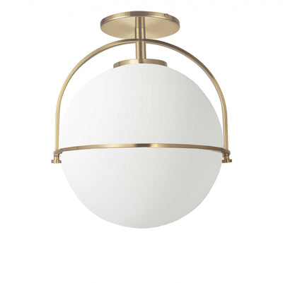 Dainolite Paola 1 Light Semi-flush Mount Aged Brass White Opal Glass Lamp|Plafonnier semi-affleuré Paola de Dainolite en verre blanc opale, avec fini laiton vieilli et 1 ampoule