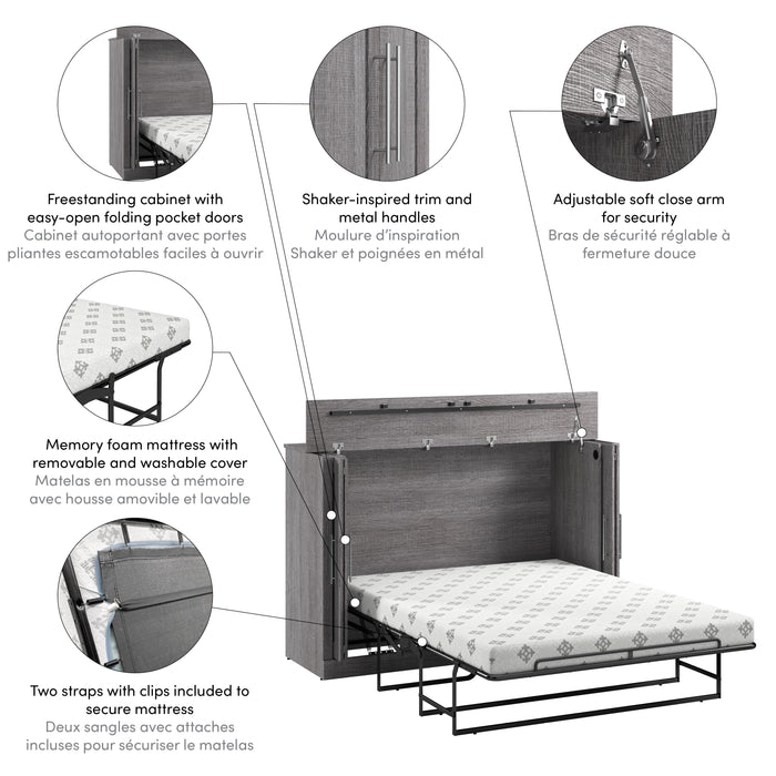 Bestar Pur 75 W Queen Cabinet Bed with Mattress - Bark Grey