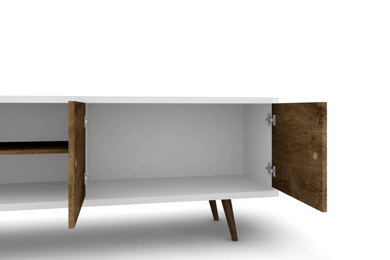 Manhattan Comfort Liberty 62.99\" Mid-Century Modern TV Stand with 3 Shelves & 2 Doors - White & Brown