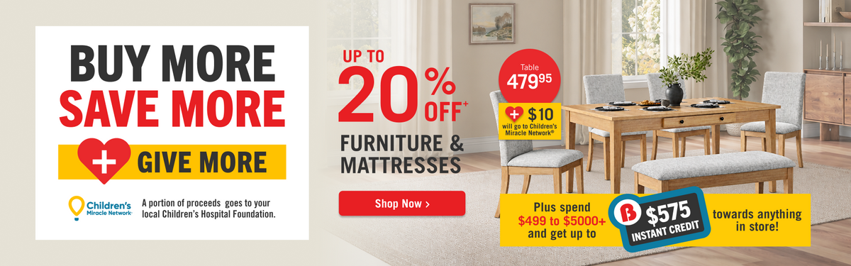 Buy more, save more, give more! Up to 20% Off Furniture & Mattresses at The Brick! Plus spend $499 to $5000+ and get up to $575 instant credit towards anything in the store! Shop Now!