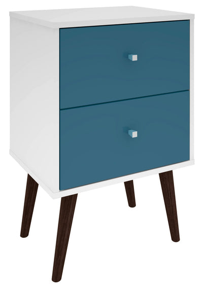 Manhattan Comfort Liberty Mid-Century Modern Nightstand with 2 Full Extension Drawers - White & Aqua Blue|Table de nuit Liberty de Manhattan Comfort de style moderne du milieu du 20e siècle avec 2 tiroirs à extension complète - blanche et bleu turquoise