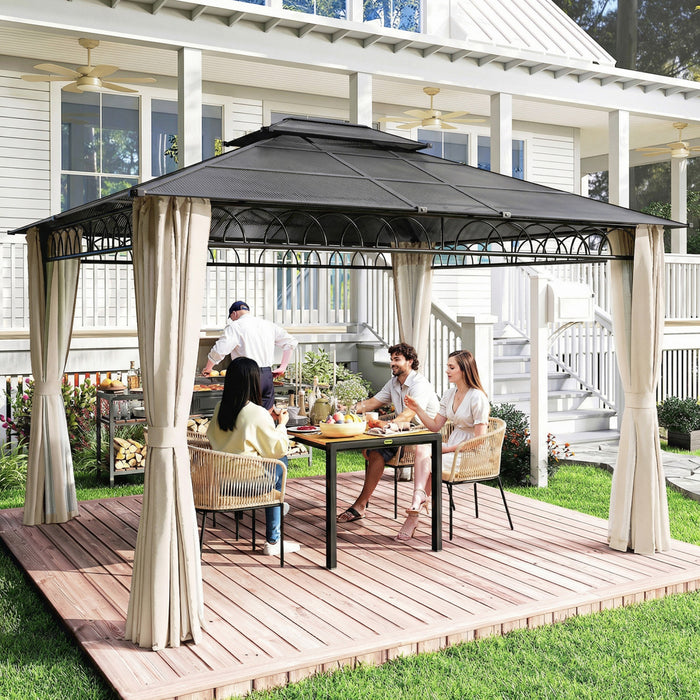 Outsunny 10' x 12' Double Roof Hardtop Gazebo with Curtains, Beige