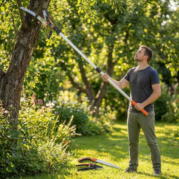 Outsunny 2-In-1 Manual Pole Saw, Hand Pruning Saw, Secateurs with Safety Lock, 6.5ft Aluminium Telescopic Pole Pruner with Sharp Blade for Palms, Shrubs, High Branches Trimming