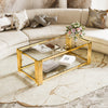 Aria 47.5 Inch Modern Rectangular Coffee Table with Asymmetrical Gold Frame and Glass Top, Transparent | Aria Table Basse Rectangulaire Moderne 47.5 po avec Cadre Asymetrique Dore et Plateau Verre, Transparent
