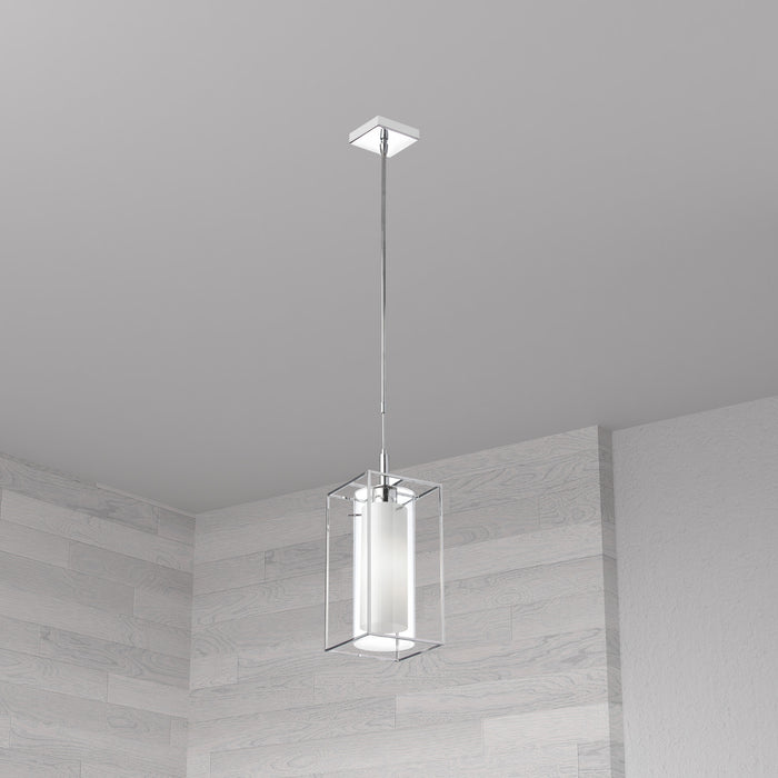 Dainolite Cubo 1 Light Pendant Rectangular Frame Polished Chrome Finish Frosted/Clear Glass Lamp