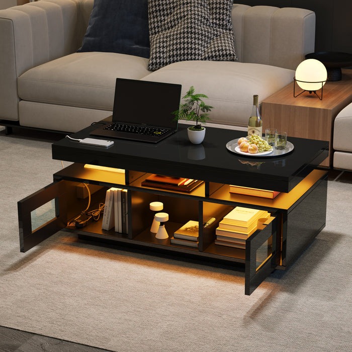 Lumina 39.3 Inch High-Gloss Coffee Table with LED Lights, USB Port and Transparent Doors, Black
