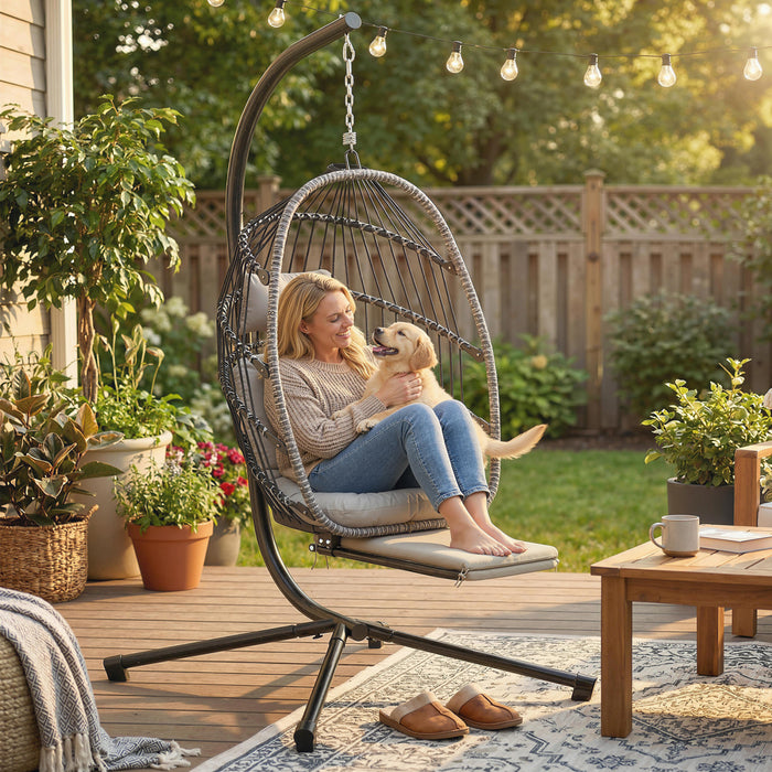 Outsunny Hanging Egg Chair w/ Retractable Footrest, Light Grey