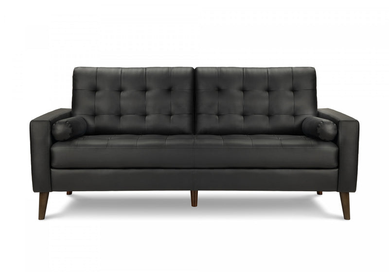 Upholstered Sofa, 75\"L, Decorative Pillows, Solid Wood Legs, Black Leather-Look, Modern Sofa