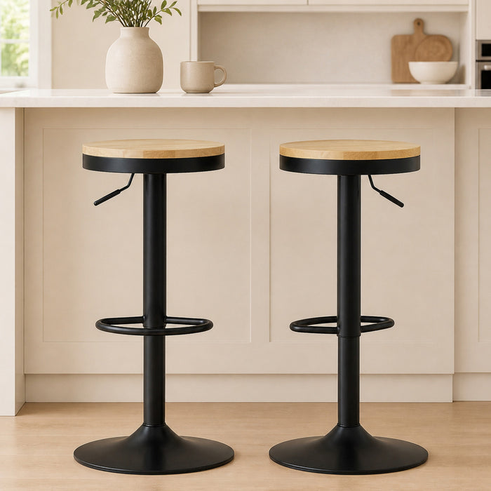 HOMCOM Wooden Bar Stools Set of 2 Adjustable Swivel Barstools Natural Black