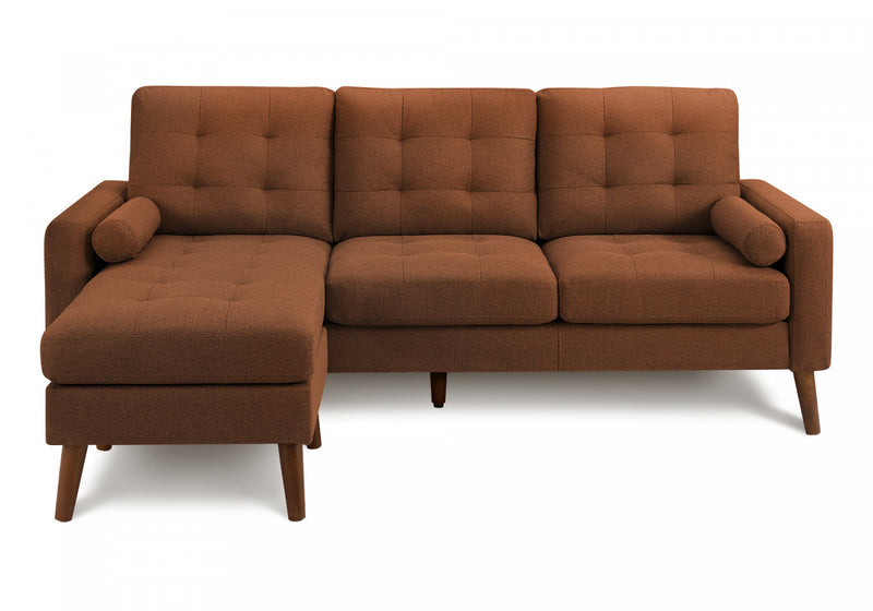 Upholstered Chaise Sofa Lounger, 85\" Wide, Rust Fabric, Walnut Solid Wood Legs, Modern Sofa