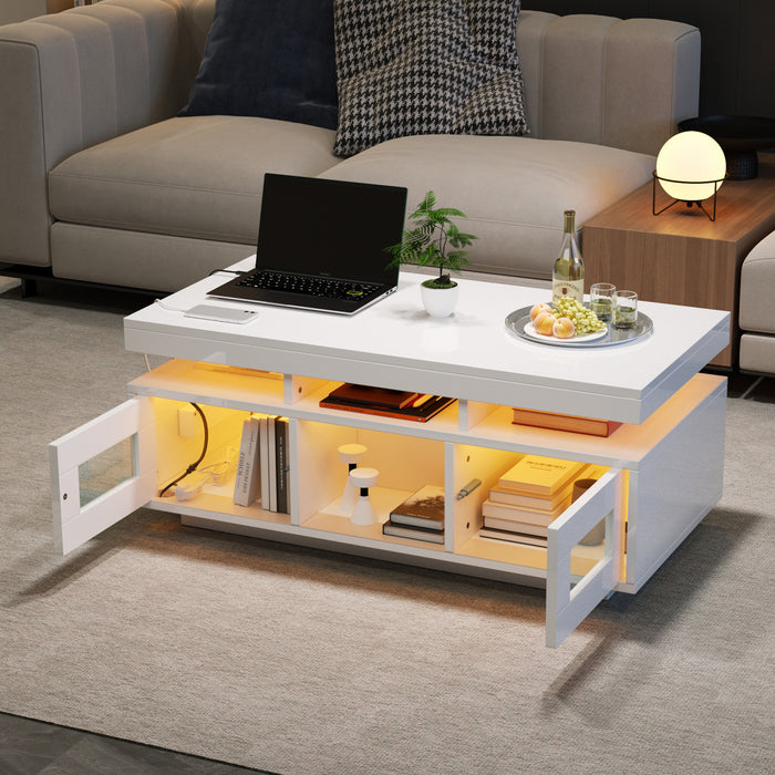 Lumina 39.3 Inch High-Gloss Coffee Table with LED Lights, USB Port and Transparent Doors, White