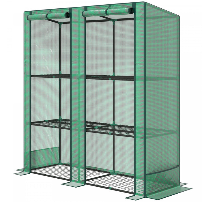 Outsunny Lean-to Mini Greenhouse With 3 Tier Shelves, Roll-up Doors, Green