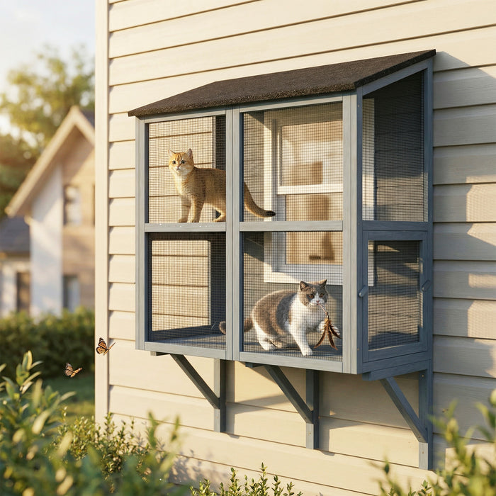 PawHut Window Cat Catio, Outdoor Cat House w/ Metal Mesh, 2 Tiers Outdoor Enclosure for Indoor Pet, Expandable Safe Window Perch for Sunbathing, Napping & Overlooking, 39.4\"L