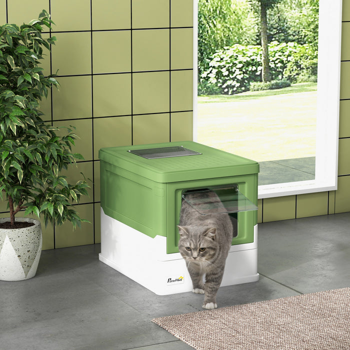 Pawhut Cat Litter Box, Top Entry Enclosed Kitty Litter Box With Scoop, Tray, Foldable Portable Kitten Litter Box Enclosure With Front Entry, Large Space, Dark Green