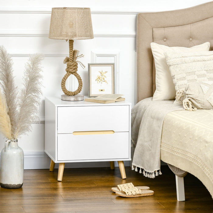 HOMCOM Bedside Table, Sofa Side Table with 2 Drawers and Wood Legs White