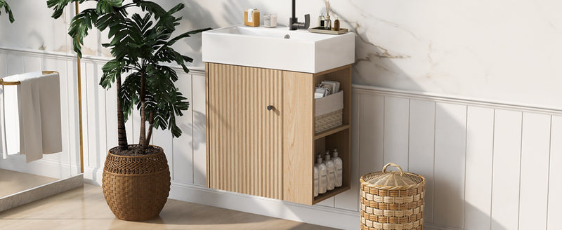 Camille Floating Bathroom Vanity with Ceramic Sink and Right Side Storage, Natural