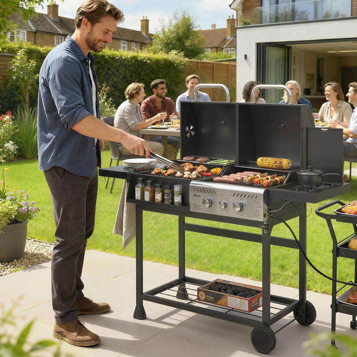 Outsunny Dual Fuel BBQ Grill, Charcoal and 2+1 Gas Burner Barbecue Grill with Wheels, Warming Rack, Shelves, Thermometer, Bottle Opener, Outdoor Barbeque for Backyard Patio, Black