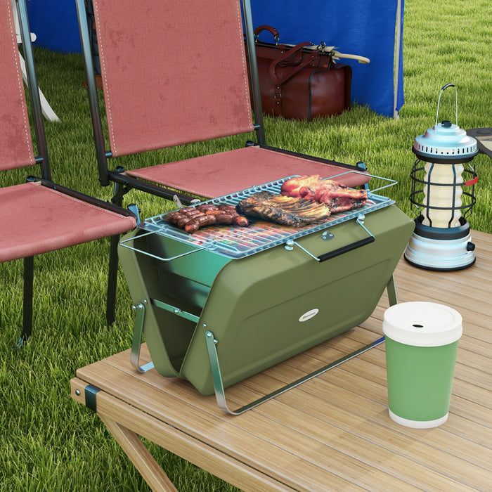 Outsunny Portable Mini Charcoal Barbecue Grill with Suitcase Shell, Outdoor Folding Tabletop BBQ Grill for Garden Camping Picnic Party, Green