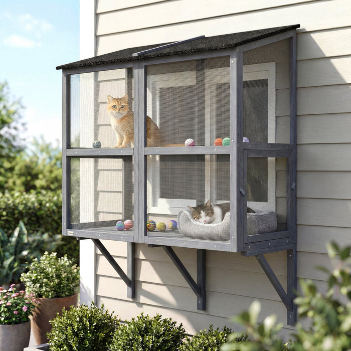 PawHut Window Cat Catio, Outdoor Cat House w/ Metal Mesh, 2 Tiers Outdoor Enclosure for Indoor Pet, Expandable Safe Window Perch for Sunbathing, Napping & Overlooking, 51.2\"L