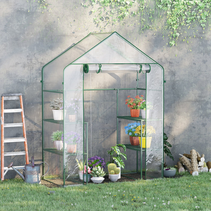 Outsunny 3-tier Mini Greenhouse, Walk-in Greenhouse, Garden Hot House With 4 Shelves, Roll-up Door And Weatherized Cover, 56\" X 29\" X 77\", Clear