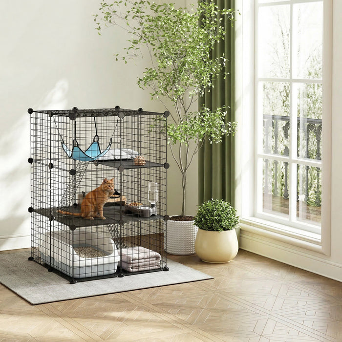 PawHut 3 Tier Cat Cage Crate, DIY Pet Playpen with 3 Doors, Ladders, Hammock, Platforms, Indoor Playpen for Kittens, Squirrel, Rabbit, Black
