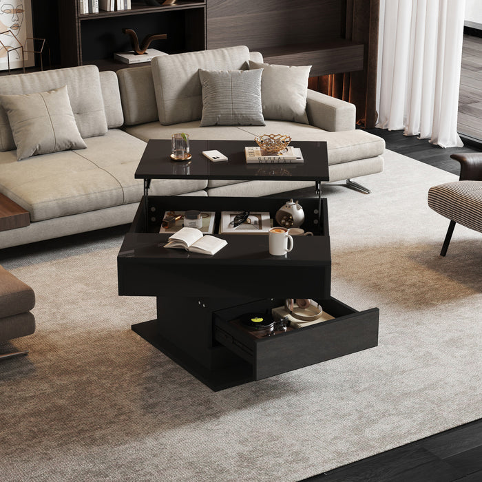 Aspire 27.5 Inch Square Rotating Lift-Top Coffee Table with High-Gloss Finish and Hidden Storage, Black