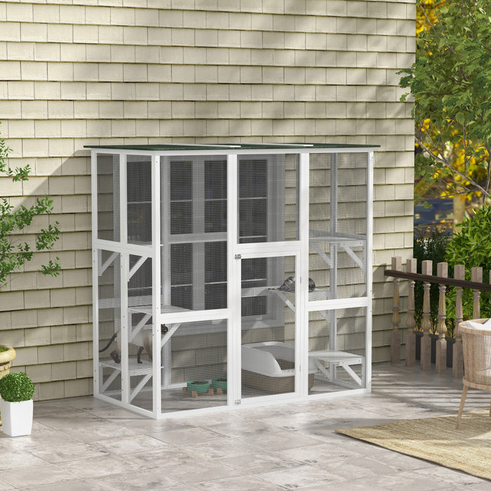 Pawhut Large Outdoor Catio Enclosure, Weatherproof Cat House With Asphalt Roof, Wooden Cat Patio Cage With 6 Balanced Platforms, 71\" X 39\" X 71\", White