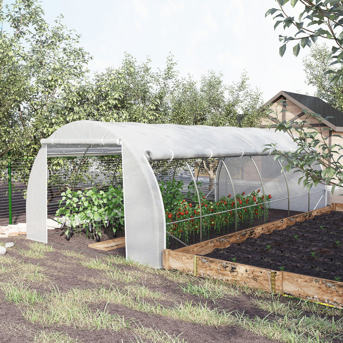 Outsunny Large Walk-in Greenhouse, 20'x10'x6' Tunnel Greenhouse With Zippered Door And 12 Roll-up Windows, Outdoor Green House For Garden Plant, White