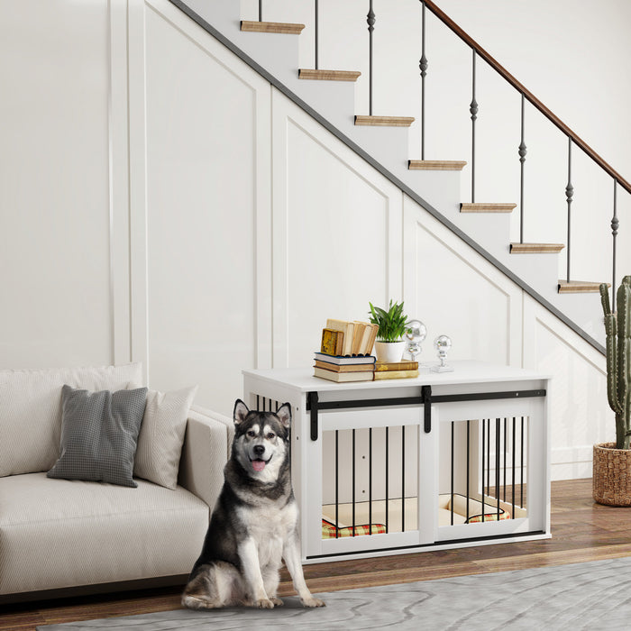 Pawhut Dog Crate Furniture, 39\" Dog Crate End Table Indoor Dog House For Large Dogs, With Sliding Door, Lock, White