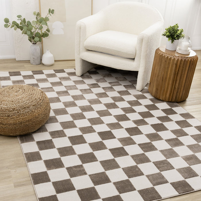 Leopold Checkered Brown White Geometric Area Rug - 6'7\" x 9'6\"