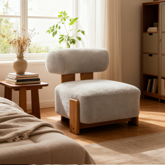 Luma Modern Boucle Lounge Chair with Rolled Backrest and Solid Wood Frame, Almond, Natural