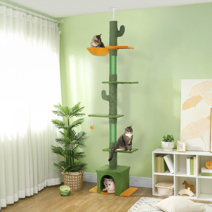 Pawhut Floor To Ceiling Cat Tree, Cat Tower With 90.5\"-108\" Adjustable Height, 5 Tier Activity Centre With Scratching Posts, Hammock, Condo, Toy Ball For Indoor Cats, Green
