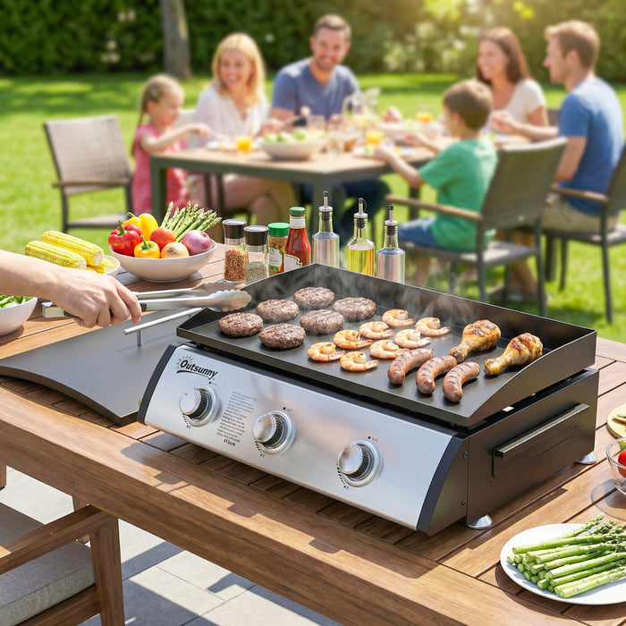 Outsunny Propane Gas Grill with 3 Main Burners, 8530 BTU Outdoor BBQ Grill Cart with Non-Stick Griddle and Lid for Camping Picnic Garden Party Festival, Black
