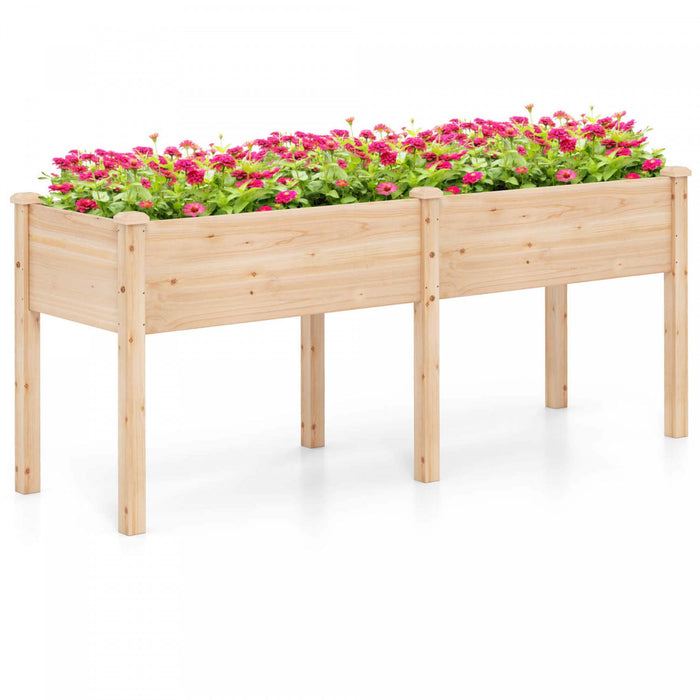 Costway Raised Garden Bed Elevated Fir Wood Planter Box With 2 Large Planting Areas Beige