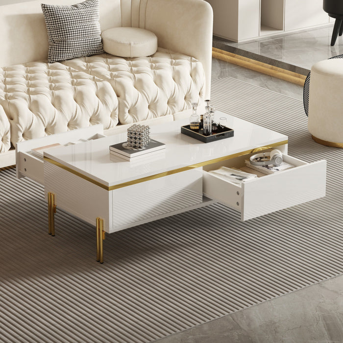 Lustra 39.4 Inch Modern High-Gloss Coffee Table with Dual Drawers and Gold Accents, White