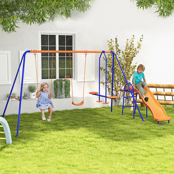 Outsunny 4 In 1 Metal Swing Set With Double Swings, Glider, Slide, Ladder, Kids Swing Set For Backyard, Outdoor, Playground, Multicoloured